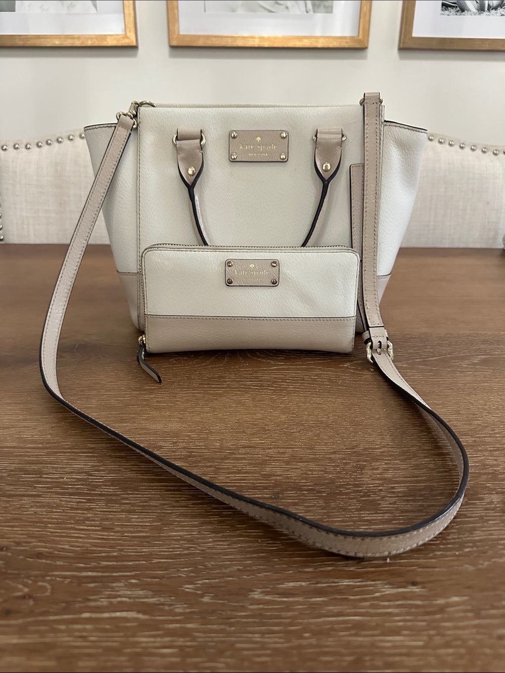 kate spade two-tone cream and beige leather tote with matching wallet